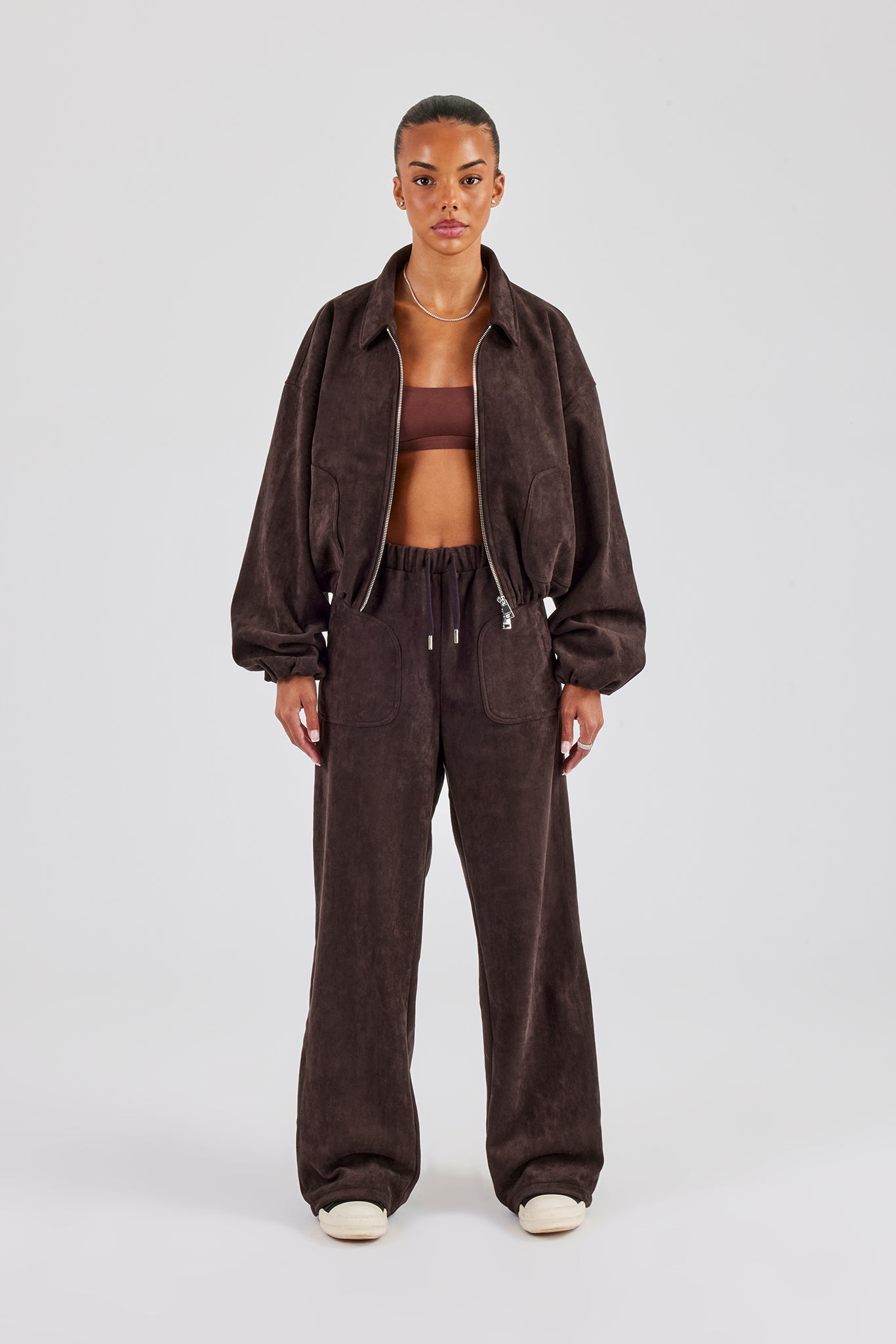 Suede Collared Bomber Jacket & Wide Leg Trouser - Chocolate
